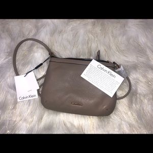 Tan Calvin Klein Carrie Leather Crossbody Purse.